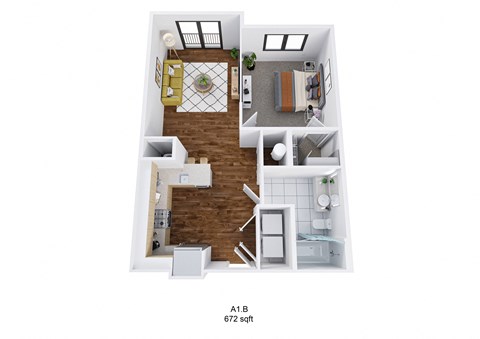 Floor plan for 1 bed, 1 bath, 672 sqft